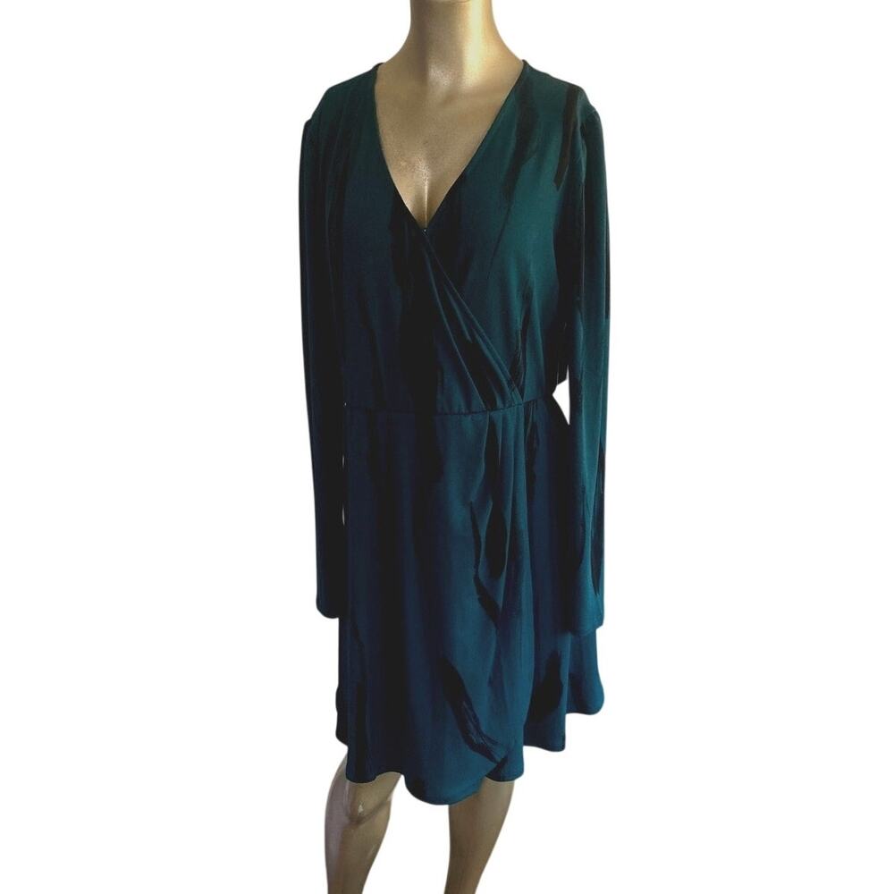 Nine West Teal Green Black Brushstroke Print Wrap Dress  Large NWT Long Sleeve